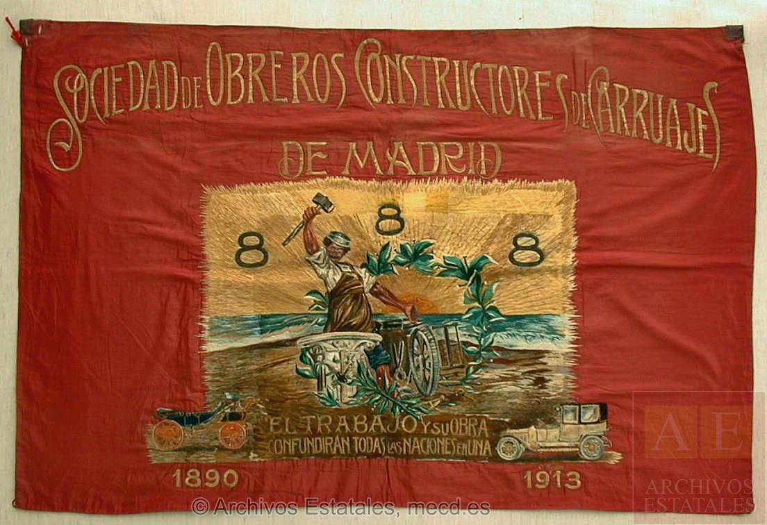 Bandera de la Sociedad de Obreros Constructores de Carruajes de Madrid que se conserva en el Centro Documental de la Memoria Histórica